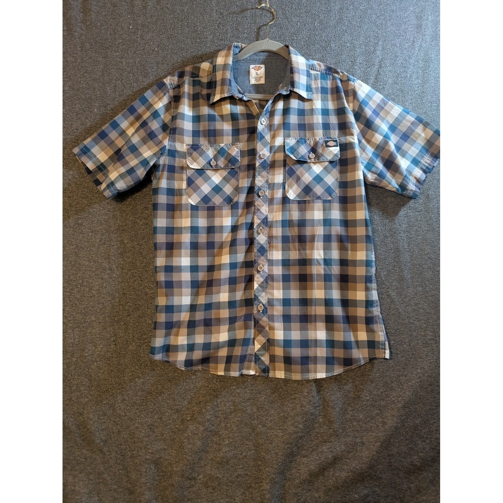 Dickies Shirt Mens Western Plaid Blue White Brown Sz Lg Button Up Short Sleeve